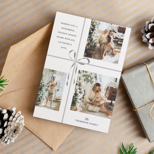 Modern Photo Collage Silver Box Ribbon Christmas Holiday Card (Creator Uploaded)
