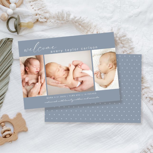 Modern Photo Collage Simple Script Blue Birth Announcement (Creator Uploaded)