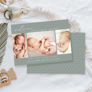 Modern Photo Collage Simple Script Sage Birth Announcement