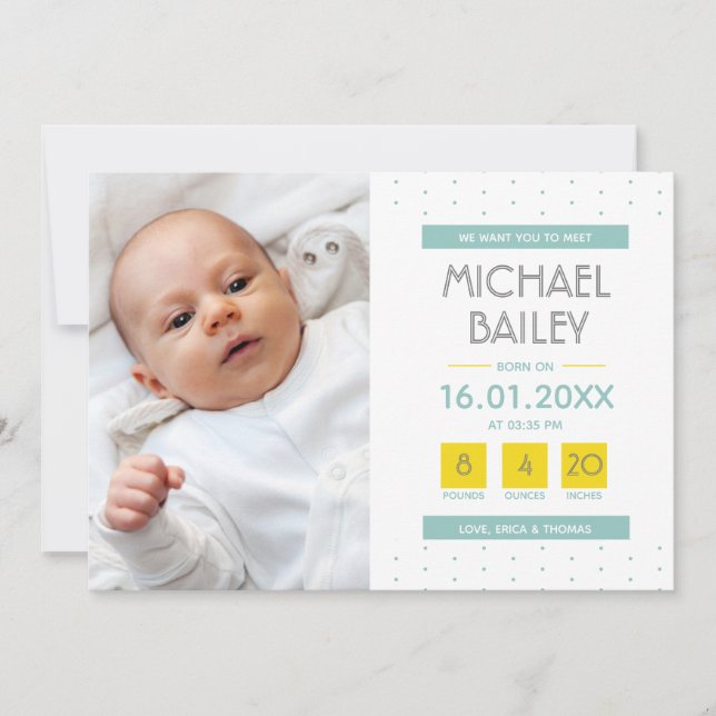 Modern Photo Collage Teal Yellow Baby Boy Birth Announcement (Front)