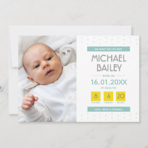 Modern Photo Collage Teal Yellow Baby Boy Birth Announcement