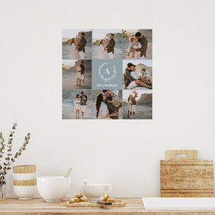 Modern photo collage wreath monogram family blue poster