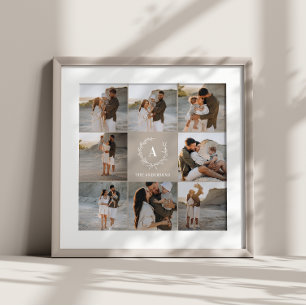 Modern photo collage wreath monogram family brown poster