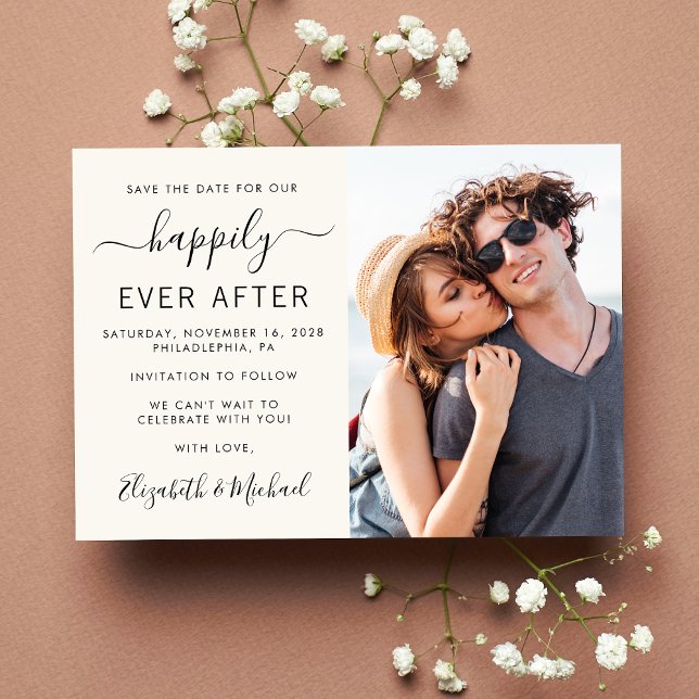 Modern Photo Cream Wedding Save The Date (A chic happily ever after photo save the date announcement card)