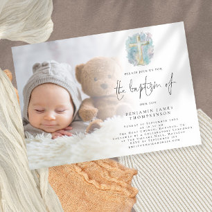 Modern Photo Cross Blue Baptism Invitation