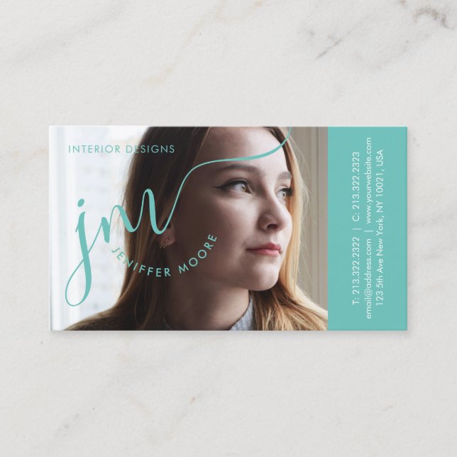 Modern Photo Curvature Pastel Blue Script Monogram Business Card (Front)