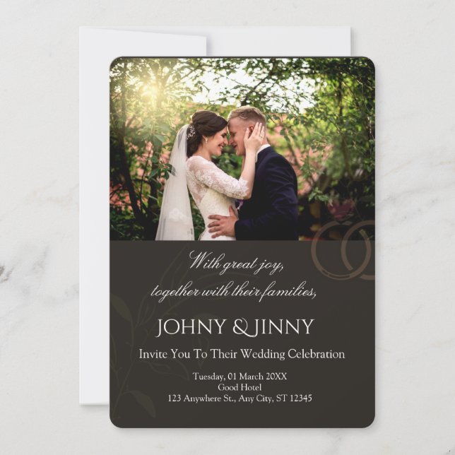 Modern photo customisable black  wedding  invitation (Front)