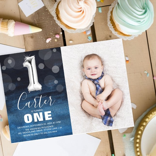 Modern Photo Cute Boy’s 1st Birthday Invitation (Creator Uploaded)
