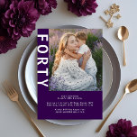 Modern Photo Dark Purple 40th Birthday Invitation<br><div class="desc">Celebrate your milestone in bold style with this dark purple and white 40th birthday photo invitation, featuring a vertical “FORTY” design and modern layout. The deep purple background adds a rich, elegant feel, while your personalised photo makes the invitation uniquely yours. Perfect for sophisticated gatherings, cocktail parties, or intimate birthday...</div>