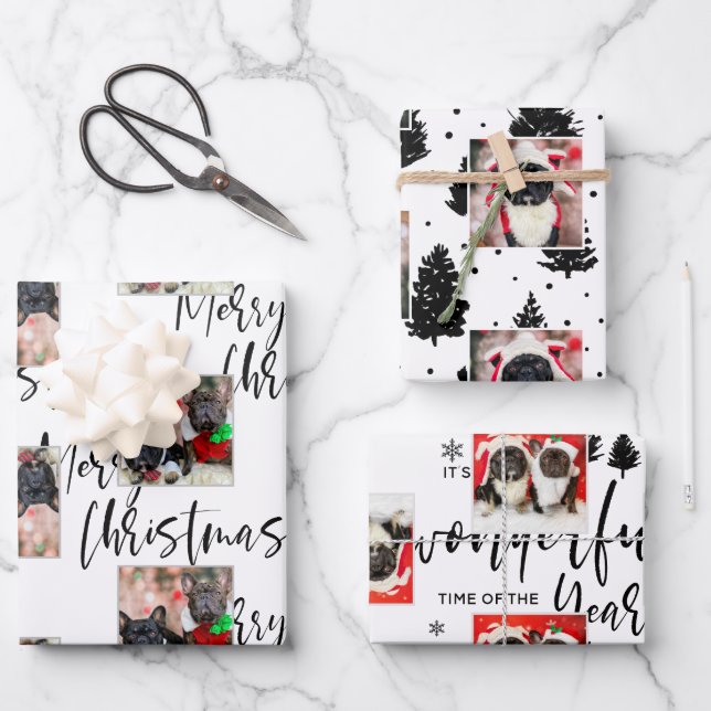 Modern Photo Dog Black White Typography Christmas  Wrapping Paper Sheet (Front)