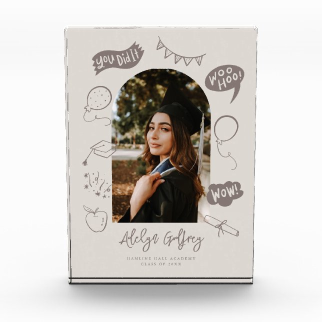 Modern Photo Doodle Graduation Beige Keepsake Block (Front)