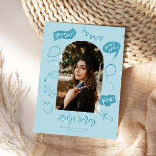Modern Photo Doodle Graduation Blue Announcement