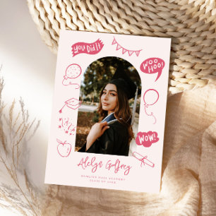Modern Photo Doodle Graduation Pink Announcement