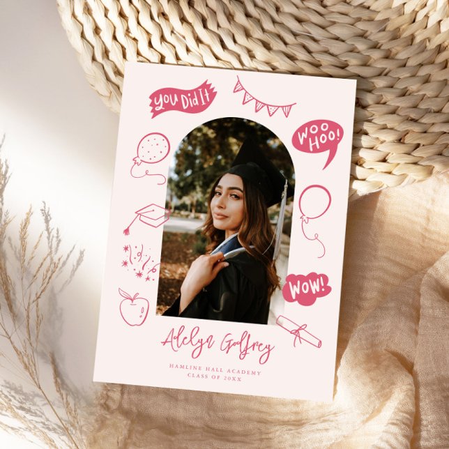 Modern Photo Doodle Graduation Pink Announcement (Creator Uploaded)