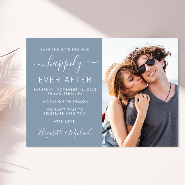 Modern Photo Dusty Blue Wedding Save The Date (A chic happily ever after photo save the date announcement card)