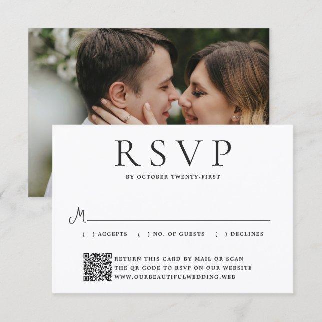 Modern Photo Editorial QR Code Wedding RSVP Card (Front/Back)