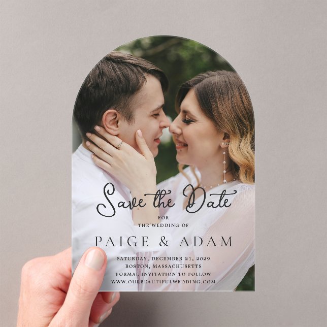 Modern Photo Editorial Wedding Save the Date Acrylic Invitations (Insitu (Handheld))