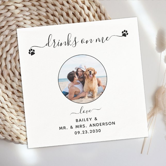 Modern Photo Elegant Drinks On Me Dog Pet Wedding Napkin (Creator Uploaded)