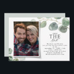 Modern photo elegant eucalyptus save the date holiday card<br><div class="desc">Modern photo elegant eucalyptus save the date and stylish script card. Hand painted eucalyptus,  minimal foliage and modern rustic rattan wreath give this stylish save the date card a luxurious feel. In classy greens,  browns and greys.</div>