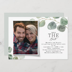 Modern photo elegant eucalyptus save the date holiday card