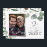 Modern photo elegant eucalyptus save the date holiday card<br><div class="desc">Modern photo elegant eucalyptus save the date and stylish script card. Hand painted eucalyptus,  minimal foliage and modern rustic rattan wreath give this stylish save the date card a luxurious feel. In classy greens,  browns and greys.</div>