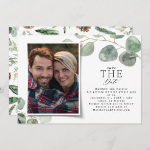 Modern photo elegant eucalyptus save the date holiday card