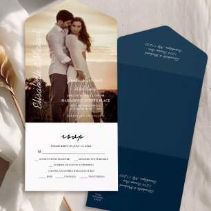 Modern Photo Elegant Navy Blue Wedding All In One Invitation