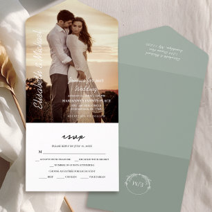 Modern Photo Elegant Sage Green Wedding All In One Invitation