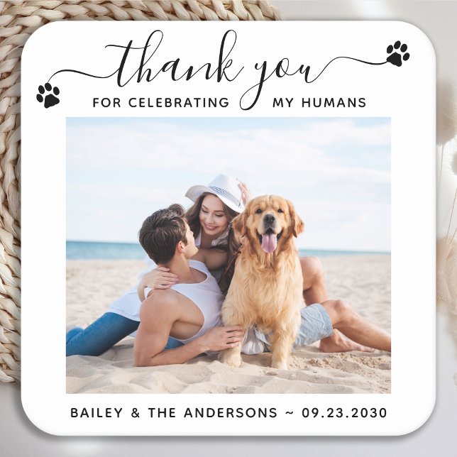 Modern Photo Elegant Script Thank You Pet Wedding Square Paper Coaster (Creator Uploaded)