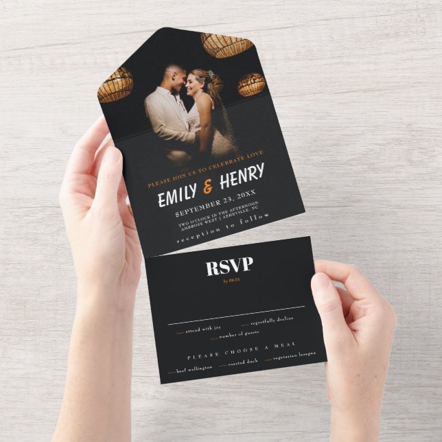 Modern Photo Elegant Stylish RSVP Black Wedding All In One Invitation (Tearaway)
