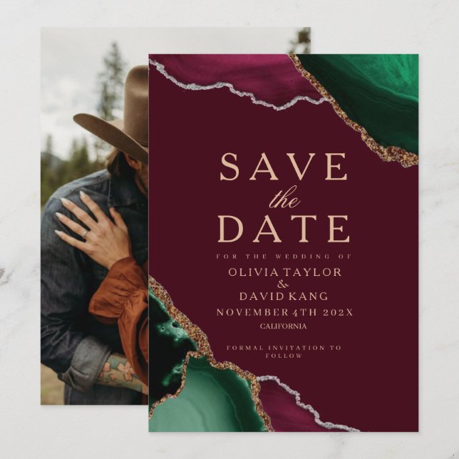 Modern Photo Emerald Agate Burgundy Save the Date  (Front/Back)