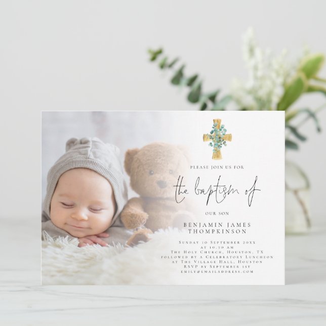 Modern Photo Eucalyptus Cross Baptism Invitation (Standing Front)