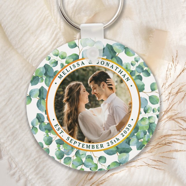 Modern Photo Eucalyptus Greenery Gold Wedding Key Ring (Creator Uploaded)