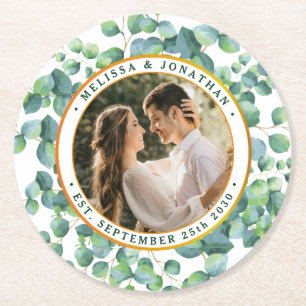Modern Photo Eucalyptus Greenery Gold Wedding Round Paper Coaster