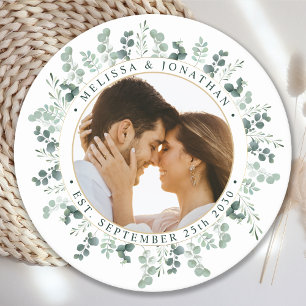 Modern Photo Eucalyptus Personalised Wedding Round Paper Coaster