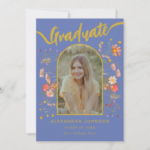Modern Photo Floral Blue Graduation Party Invitation