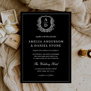 Modern Photo Floral Crest Monogram Wedding Formal Invitation