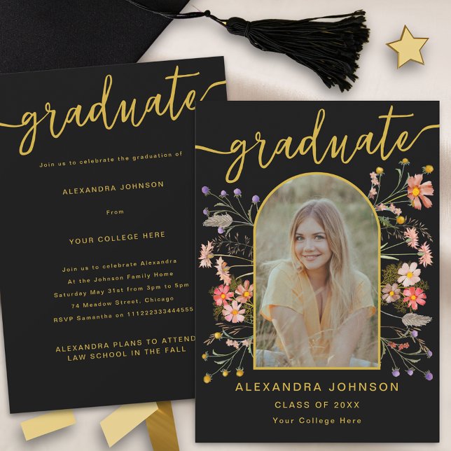 Modern Photo Floral Graduation Announcement Party (Modern boho floral photo arch graduation announcement party invitation elegant black and gold script)