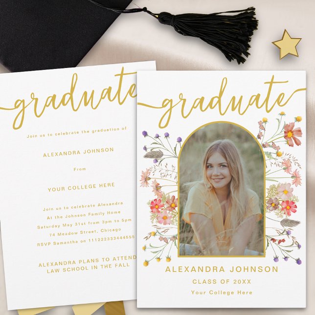 Modern Photo Floral Graduation Announcement Party (Modern boho floral photo arch graduation announcement party invitation stylish trendy gold script)