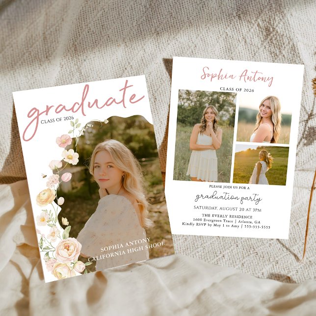 Modern Photo Floral Graduation Party Invitation (Creator Uploaded)