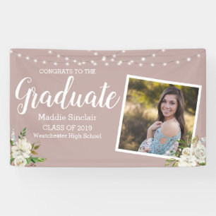 Modern Photo Flowers String Lights Pink Graduation Banner
