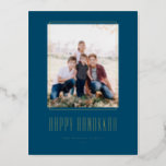Modern Photo Frame Blue Happy Hanukkah Foil Holiday Postcard<br><div class="desc">Happy Hanukkah! Send Hanukkah wishes to family and friends with this customisable gold foil Hanukkah postcard. It features modern typography and a simple photo frame. Personalise by adding names and a photo. This gold foil Happy Hanukkah postcard is available on other cardstock.</div>