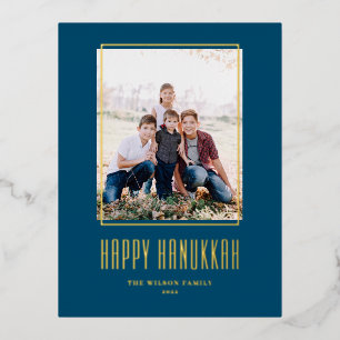Modern Photo Frame Blue Happy Hanukkah Foil Holiday Postcard