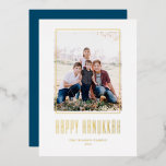 Modern Photo Frame Happy Hanukkah<br><div class="desc">Happy Hanukkah! Send Hanukkah wishes to family and friends with this customisable gold foil Hanukkah card. It features modern typography and a simple photo frame. Personalise by adding names and a photo. This gold foil Happy Hanukkah card is available on other cardstock.</div>