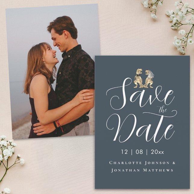 Modern Photo Funny Dinosaur Wedding Save The Date (Modern photo dinosaur theme wedding save the date elegant script charcoal gray and white invitation)