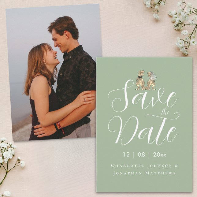 Modern Photo Funny Dinosaur Wedding Save The Date (Modern photo dinosaur theme wedding save the date elegant script sage green and white invitation)