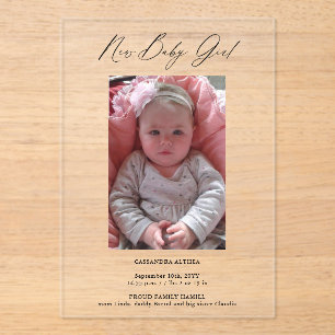 Modern Photo Girl Birth Announcement Acrylic Card