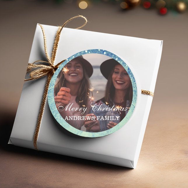  Modern Photo Glitter Merry Christmas  Classic Rou Classic Round Sticker (Creator Uploaded)