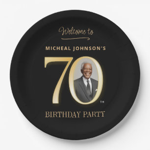Modern Photo Gold and Black 70th Birthday Party Paper Plate