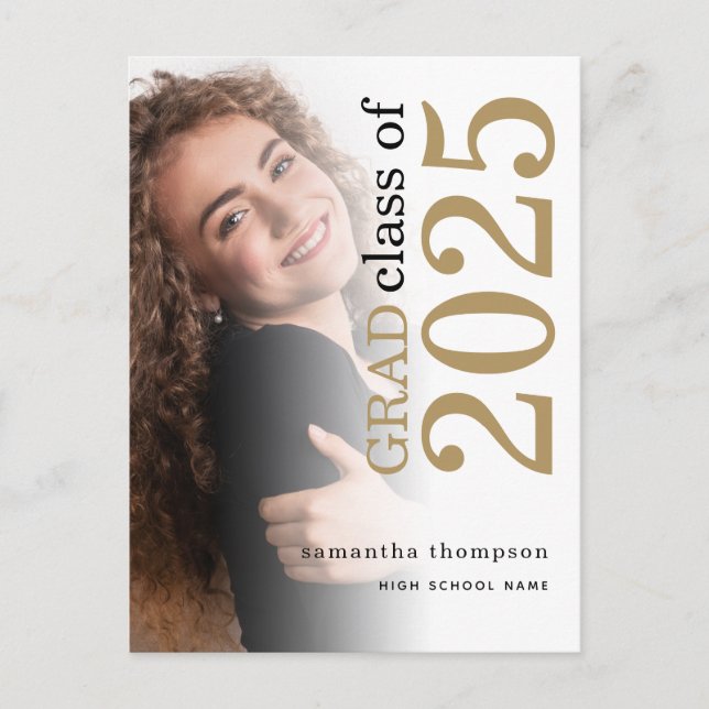 Modern Photo Gold Black 2025 Graduation  Announcement Postcard (Front)